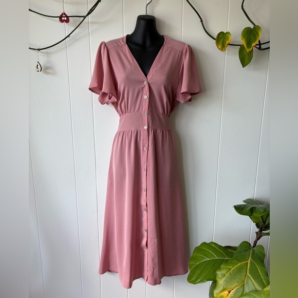 Pink Button-Down Flutter Sleeve Dress | Large - Picture 3 of 6
